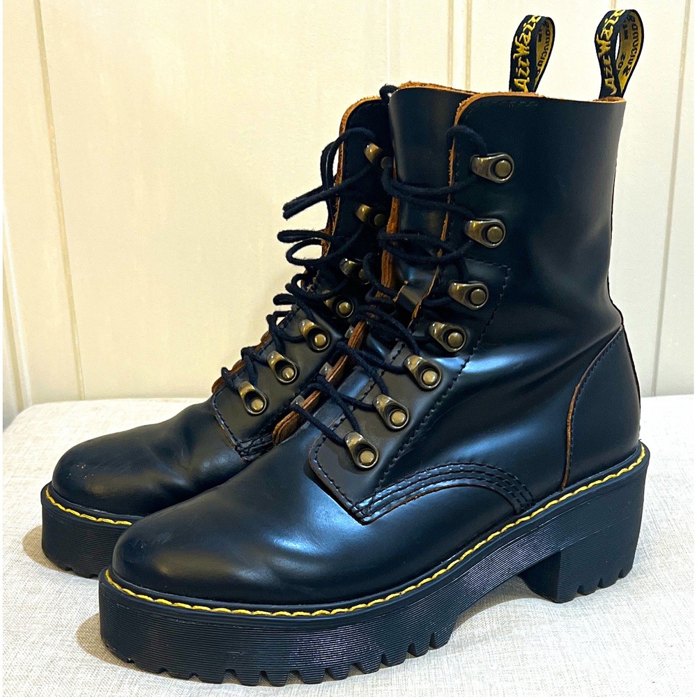 Dr. Martens Leona Women's Black Leather Ankle Combat Boots Lace Up US 8